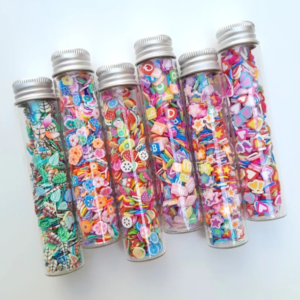 6 Pack Large Glass Jars Fimo Cane Polymer Slice Fashionable Miniature Themed Soft Chunks for Jewelry Making Leaves | Flower | Fruit | Alphabet | Star | Heart