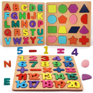 Kids Educational Learning Toys Early Childhood Wooden Puzzles Letters Alphabet Number & Shapes For 1 2 3 4 5 Year Boy Girl Toddler Children Gift 20x20cm